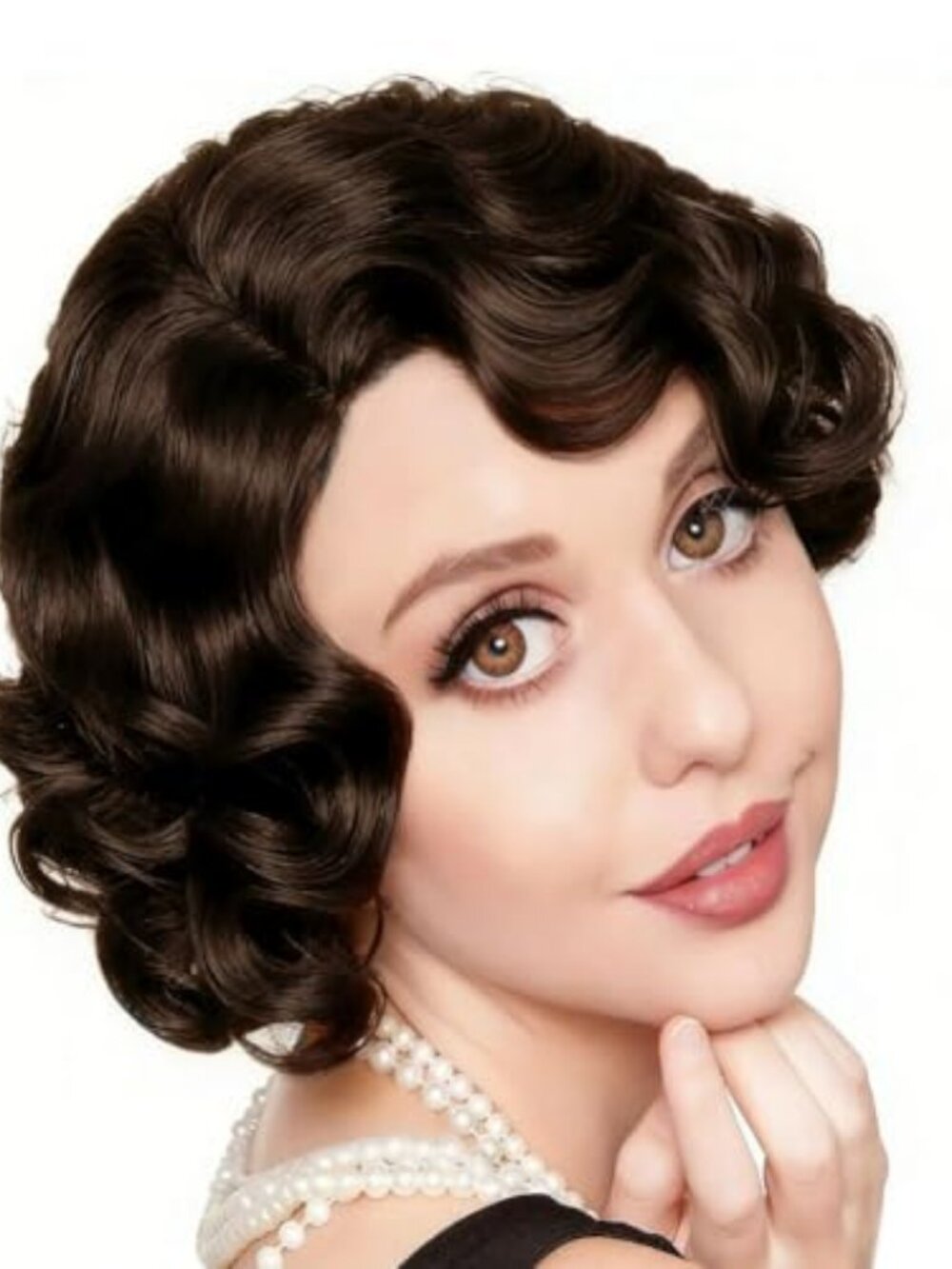 Women Brown Curly Short Wig 1920s Finger Wave Wig Synthetic Fibre Retro Wigs